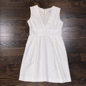 Ivory Linen tweed deep V sheath dress with pockets